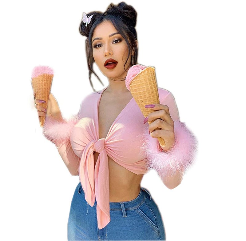 Newfancy Women's Sexy Long Sleeve Tie Up Crop Top Feather Trim Deep V Neck Basic Tight Shirt Faux Fur Blouse, Pink, Large - Image 1